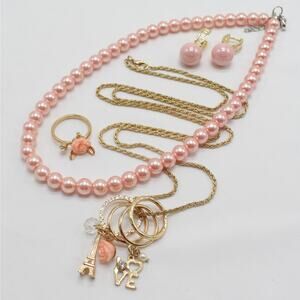 Valentine Gold Chain Necklace & Pink Pearl Jewelry Bundle Lot Preppy Coquette